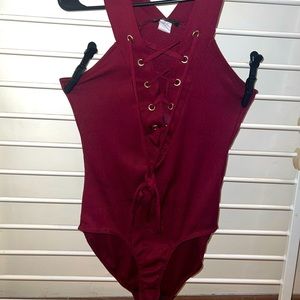 Burgundy Front Tie Bodysuit